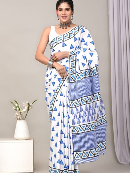 Cotton Mull Block Printed Saree CCTHA0007