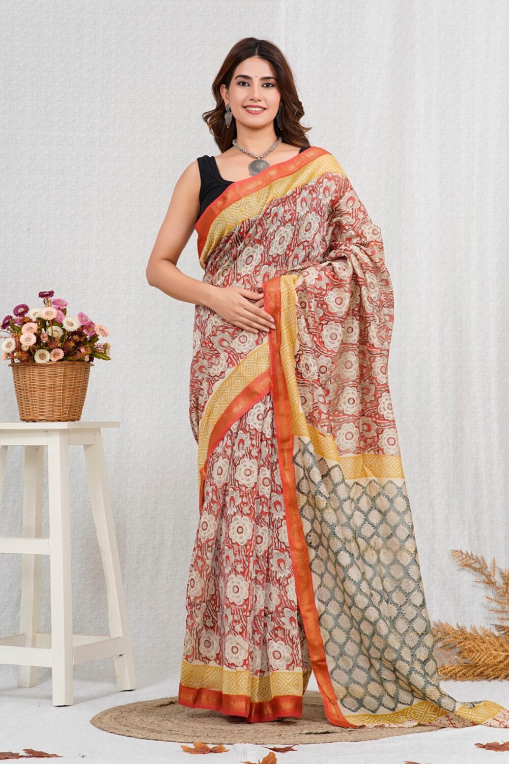 Hand Block Printed Maheshwari Silk Saree CMHA00012