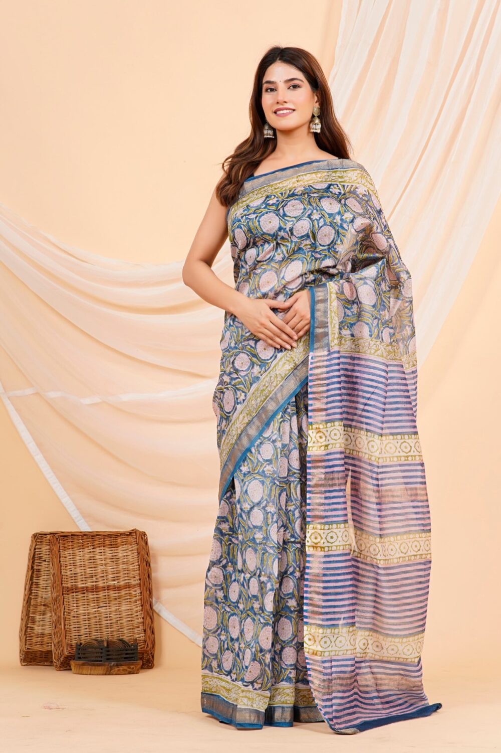 Hand Block Printed Maheshwari Silk Saree CMHA00017