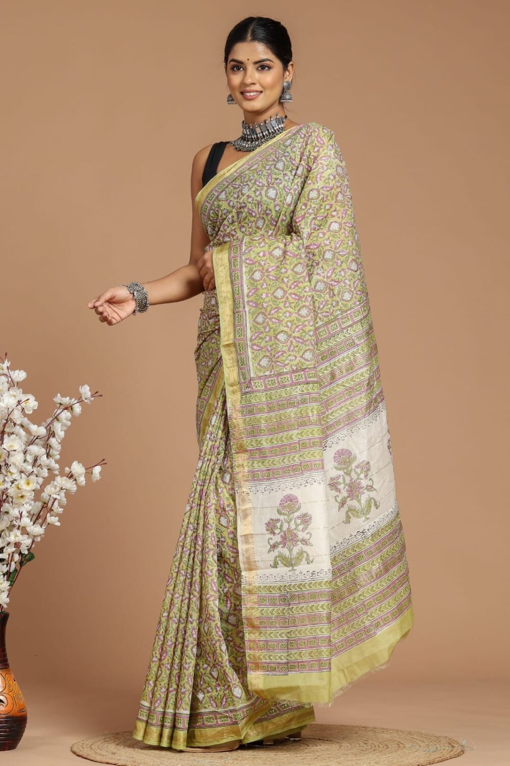 Hand Block Printed Maheshwari Silk Saree CMHA00025